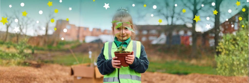 Sponsor a tree banner with a cute little girl holding an oak sapling.